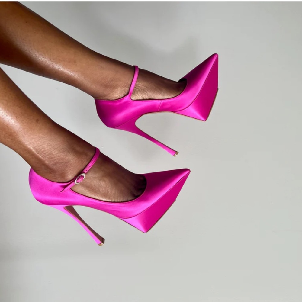 Amina Muaddi Pink Yigit Pointed Satin Platform Pumps in 40.5